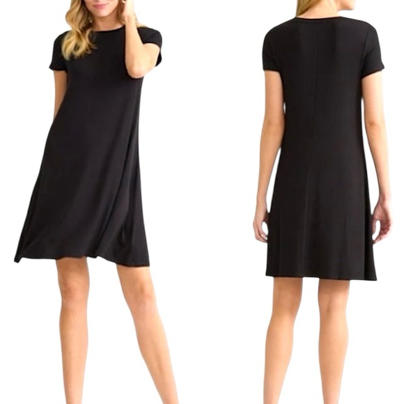 LBD Basic Black Babydoll Swing Dress Short Cap Sleeve A-Line Drape Stretch Knit - Picture 1 of 16